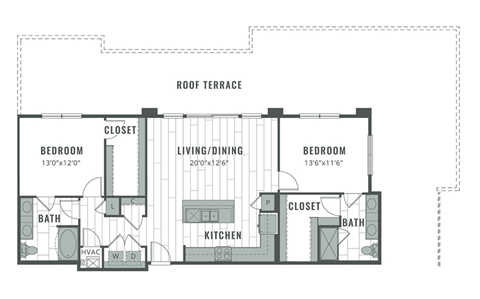 Floor plan for 2 beds, 2 baths, 1276 sqft